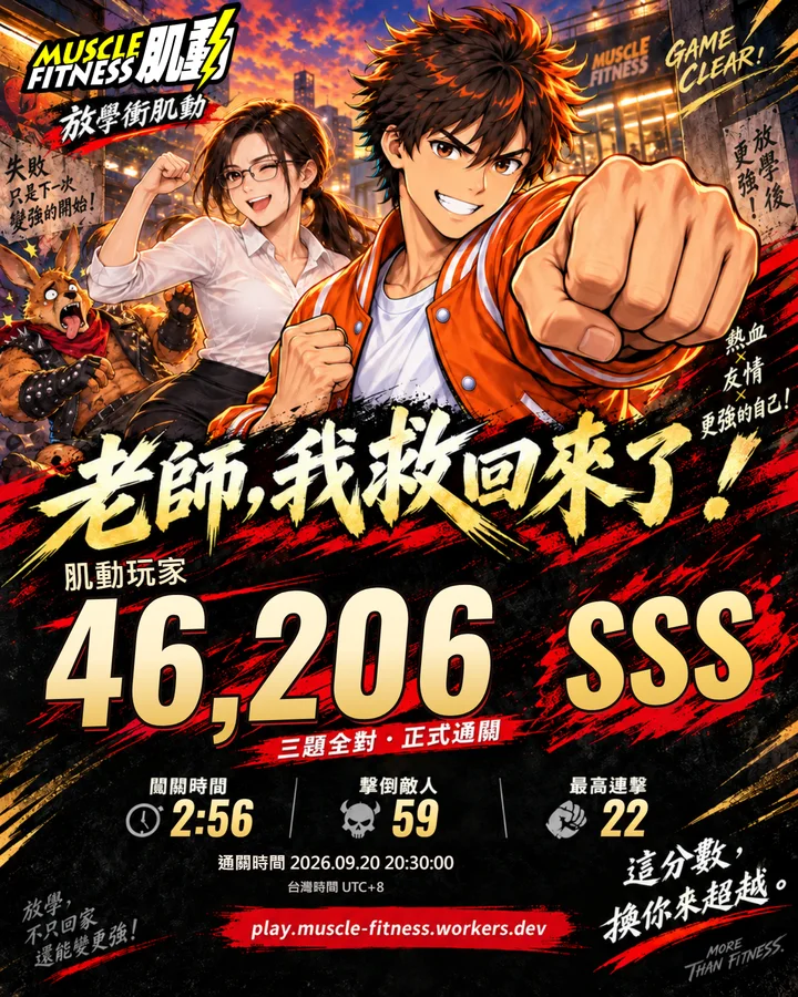 個人漫畫通關獎狀示意，實際姓名、成績與時間依通關紀錄產生